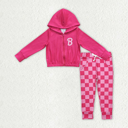 3.18 GT0330+P0700 Baby Girls Pink Doll Hooded Zip Jacket Top Checkered Pants Clothes Set