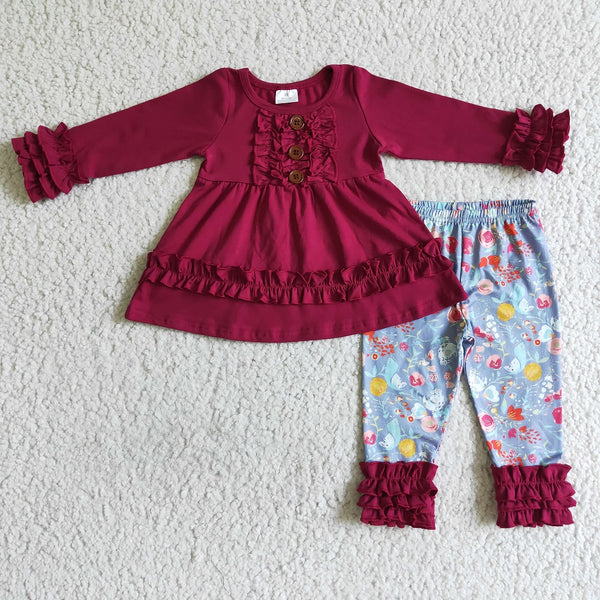 6 A26-16 Girl Red Floral Ruffle Leggings Outfits