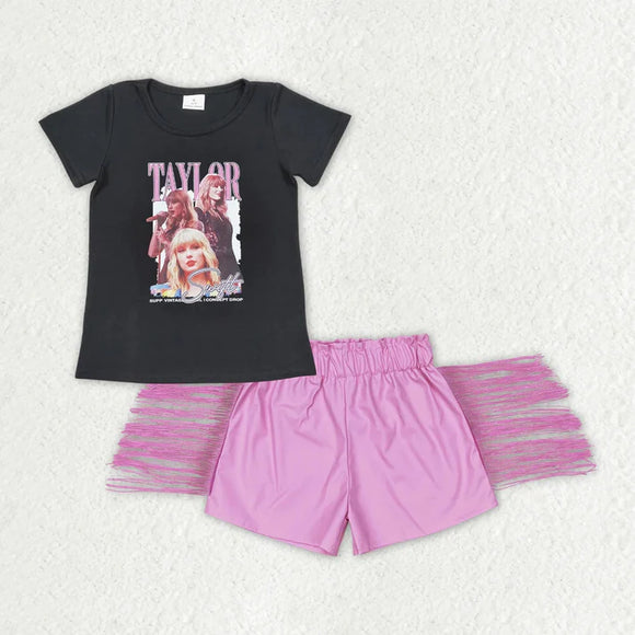 GT0572+SS0222 Baby Girls Singer Black Shirts Tops Leather Pink Tassel Shorts Clothes Sets