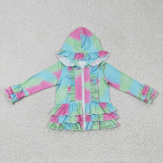 A23-16 Girl Tie Dye Zipper Ruffle Hooded Jackets