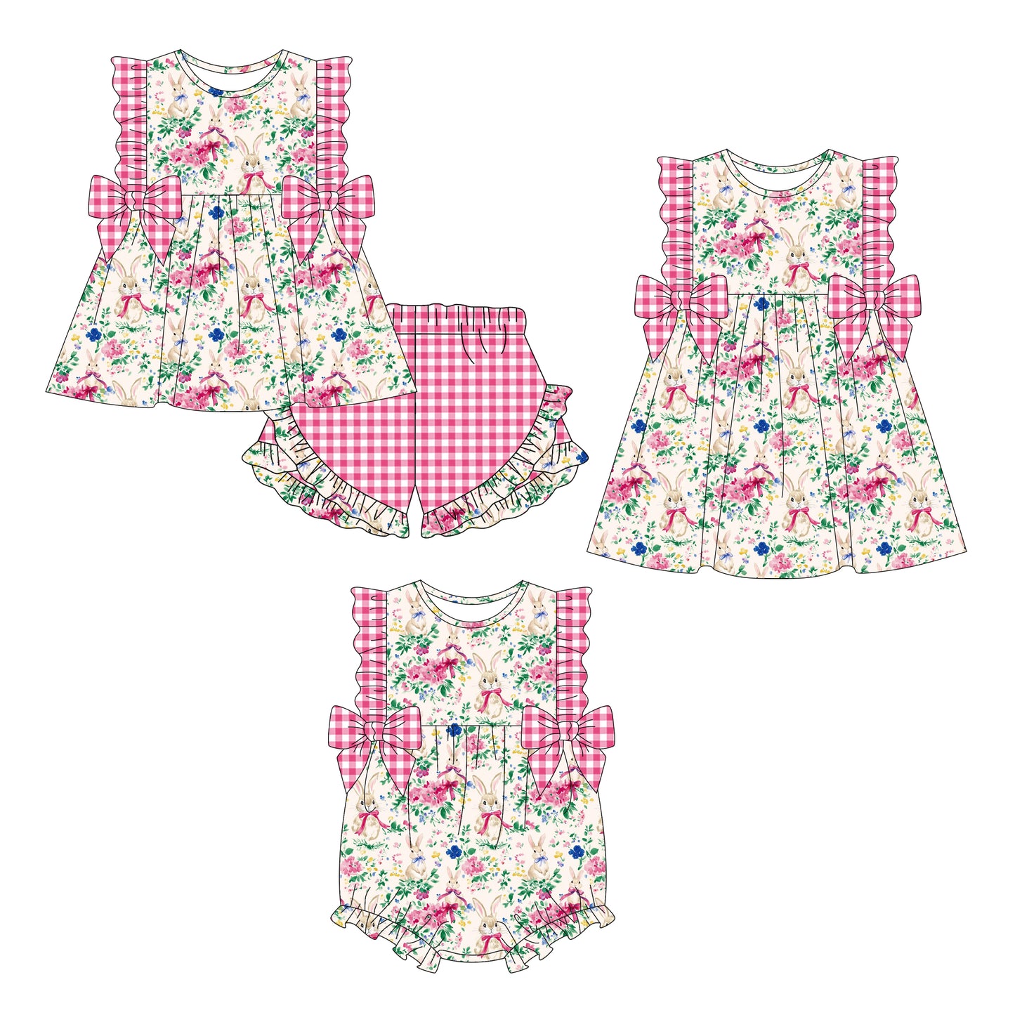 26.1.5 Custom MOQ:3 or 5 pcs each design milk silk Sibling baby girl clothes easter bow floral short sleeve shorts sets and dress and romper