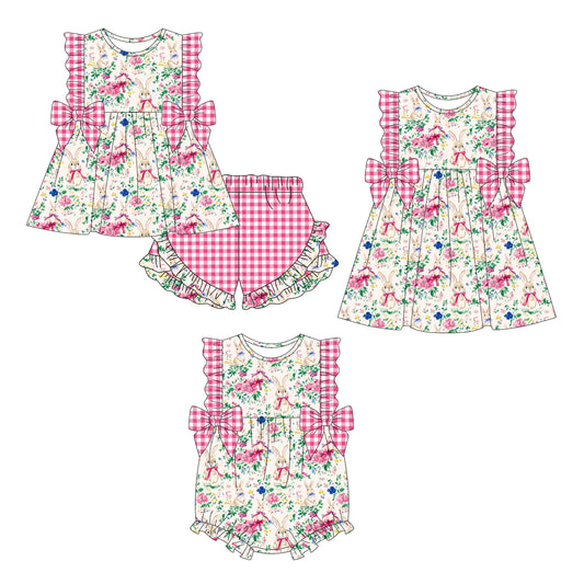 26.1.5 Custom MOQ:3 or 5 pcs each design milk silk Sibling baby girl clothes easter bow floral short sleeve shorts sets and dress and romper