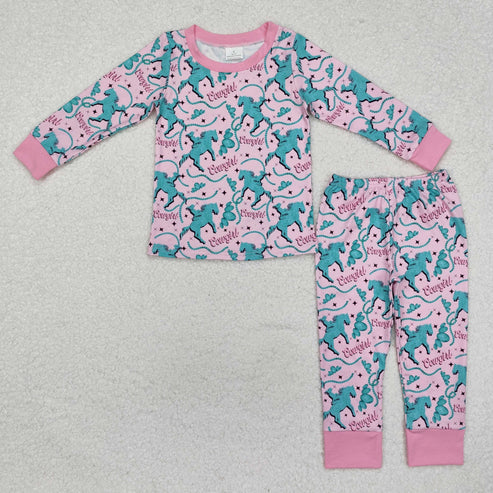 3.18 GLP1911 Baby Girls Western Cowgirl Horse Tops Pants Pajamas Clothes Set