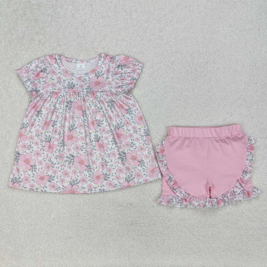 3.17 GSSO2194 Baby Girls Pink Flowers Leaves Tunic Top Ruffle Shorts Clothes Set