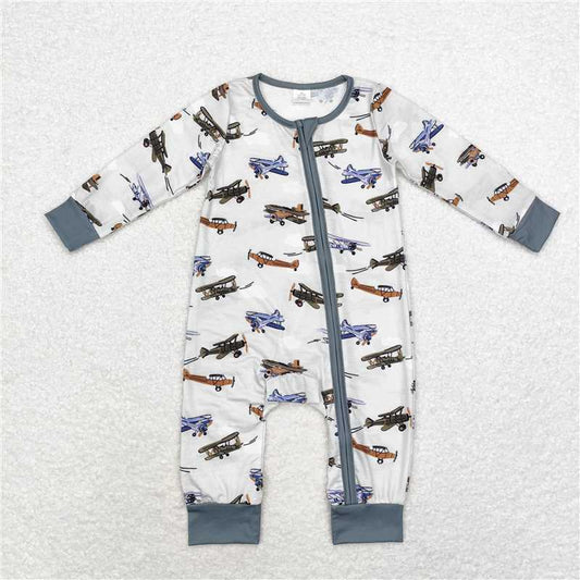 LR1326 Sibling Brother Boys Green Plane Bamboo Rompers Pajamas