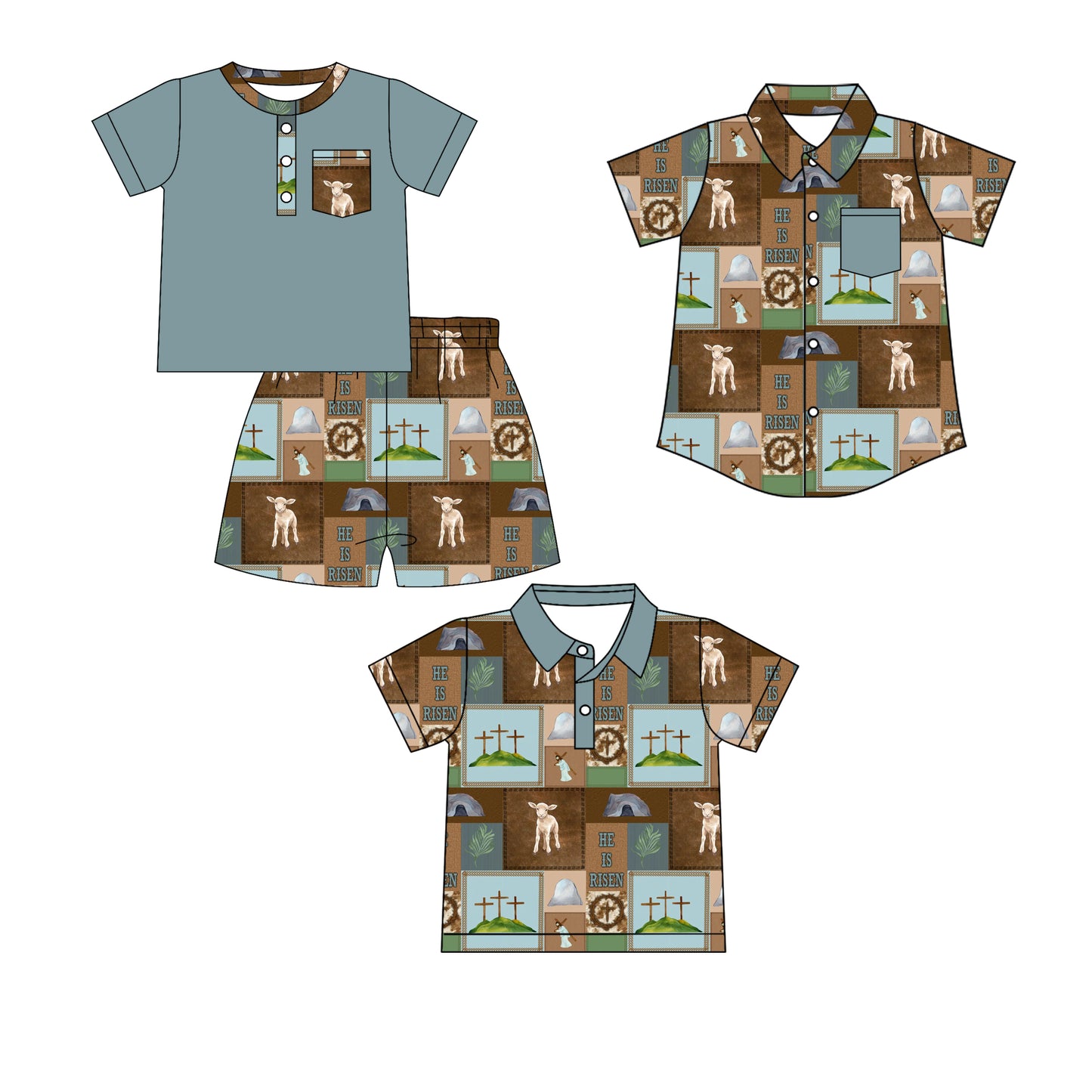 26.1.13 Custom MOQ:3 or 5 pcs each design milk silk Sibling baby boy clothes easter short sleeve shorts sets and tops 2