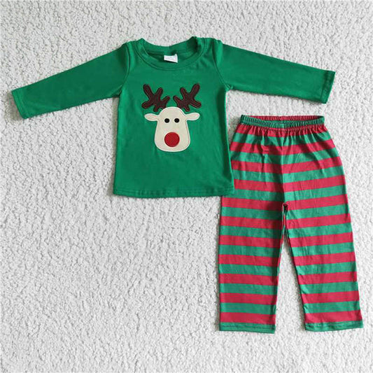 L-3.1 BLP0008 Boys Christmas embroidered deer green long sleeve pants