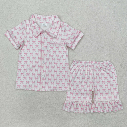 GSSO1820 Baby Girls Pink Bows Buttons Shirts Shorts Pajamas Clothes Set