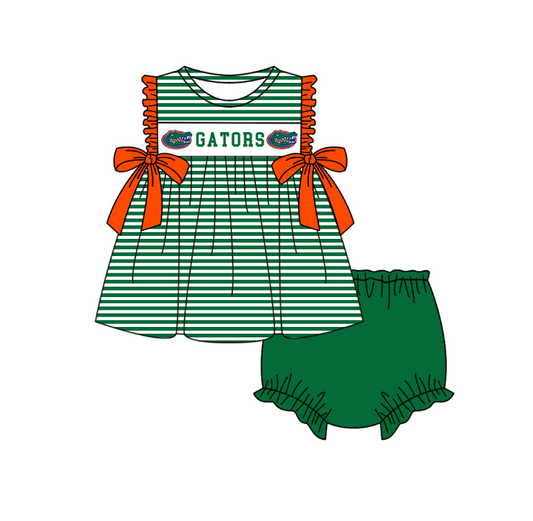 1.29 Custom Order Moq 3 Baby Girl Gators Bows Stripe Tunic Top Bummies Team Clothes Sets