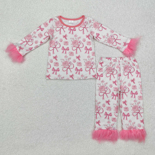 3.18 GLP2215 Baby Girls Valentines Pink Bows Fur Shirt Pants Pajamas Clothes Set
