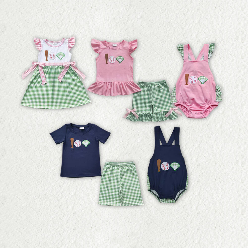 Girl Sets Sibling Baby Boy Romper Baseball Green Checked Summer Outfits Suits