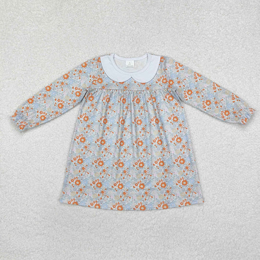 L-3.3 GLD0885 Baby Girls Orange Flowers Collar Knee Length Dress
