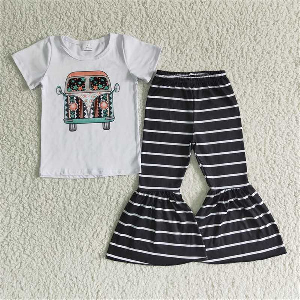 L-3.7 B5-9 Car White Short Sleeve Striped Flare Pants Outfits