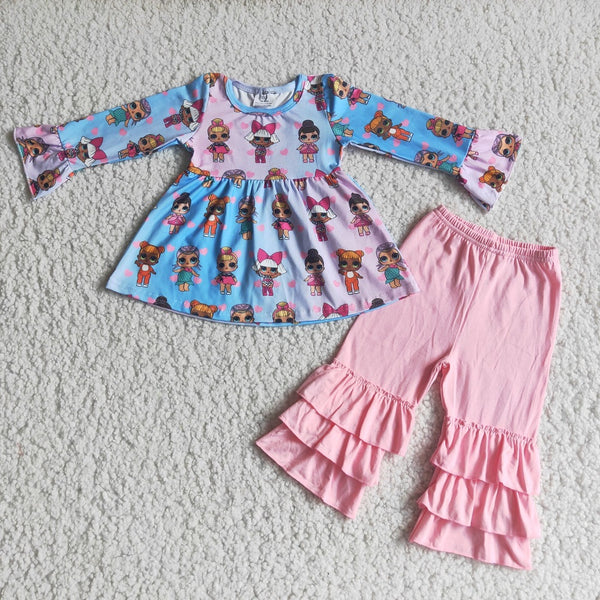 6 A24-26 Girl Doll Print Pink Ruffle Outfit