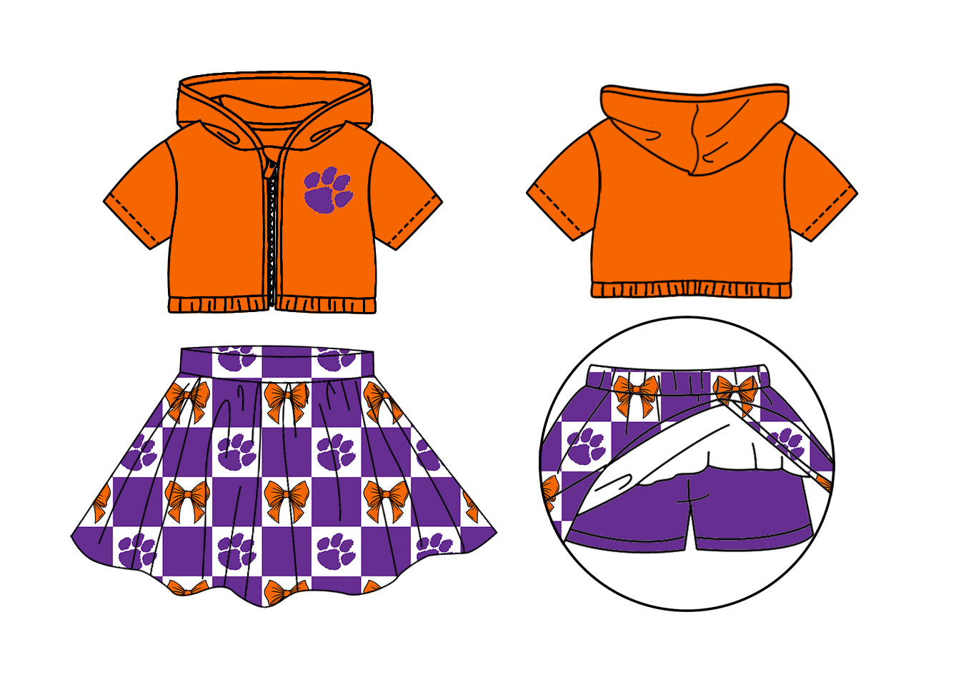 Custom Milk Silk Order MOQ:3 or 5 pcs Each Design Team State Girl Summer Bow Purple Zipper Hooded Short Sleeve Short Skirts Sets-26.1.23
