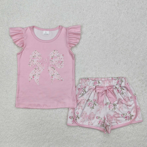 GSSO1702 Baby Girls Pink Flowers Big Bow Shirt Shorts Clothes Set