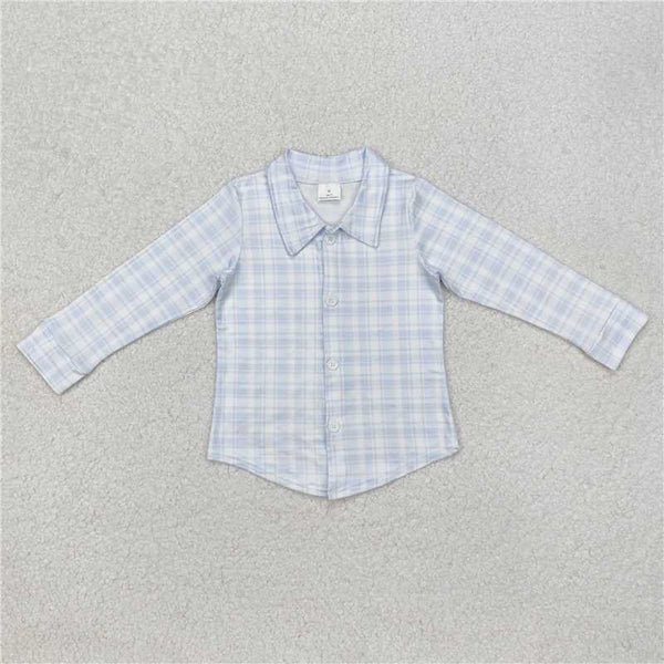 BT1075 Baby Boys Blue Checkered Buttons Long Sleeve Tee Shirts Tops