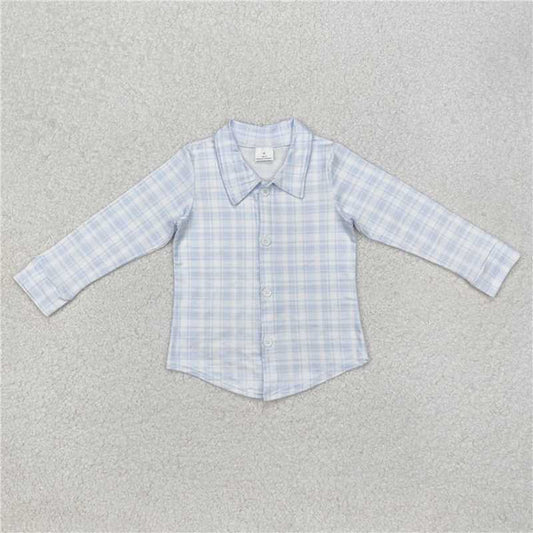 BT1075 Baby Boys Blue Checkered Buttons Long Sleeve Tee Shirts Tops