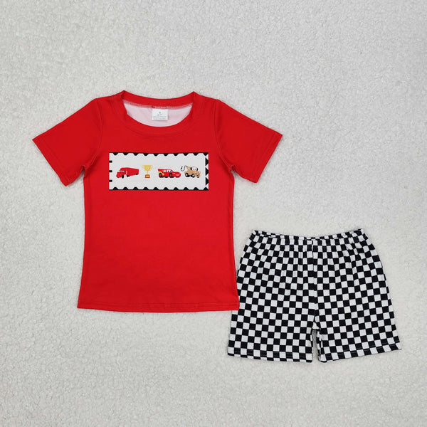 BSSO1079 Baby Boys Racing Cars Shirts Checkered Shorts Clothes Set