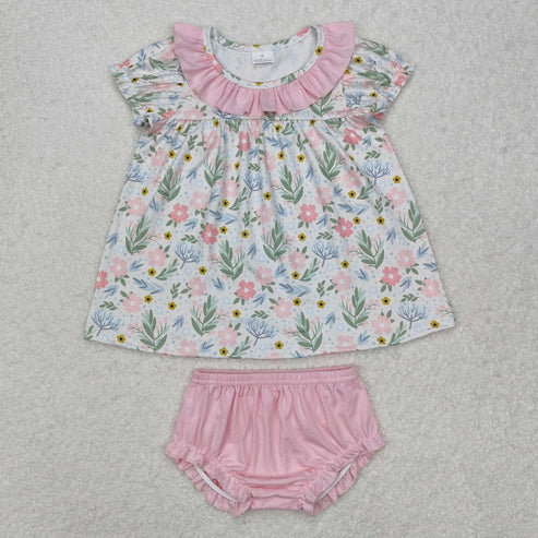 GBO0449 Baby Girls Pink Flowers Ruffle Tunic Top Bummies Clothes Set