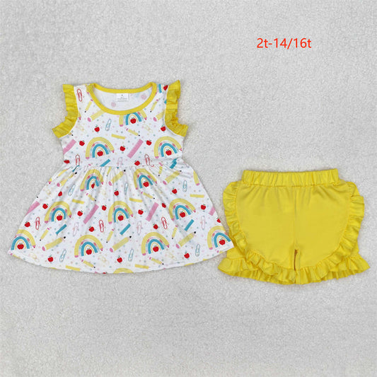 3.17 GSSO1913 Baby Girls Rainbow Back To School Tunic Ruffle Shorts Clothes Set