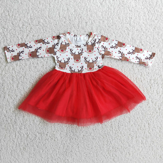 6 A4-20 Christmas Girls Deer Red Lace Tutu Dress