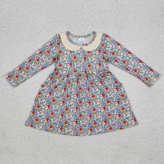 L-3.3 GLD0811 Baby Girls Blue Small Flowers Knee Length Dress
