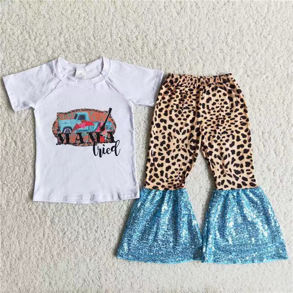 A6-11 Car white short sleeve leopard print blue sequin pants