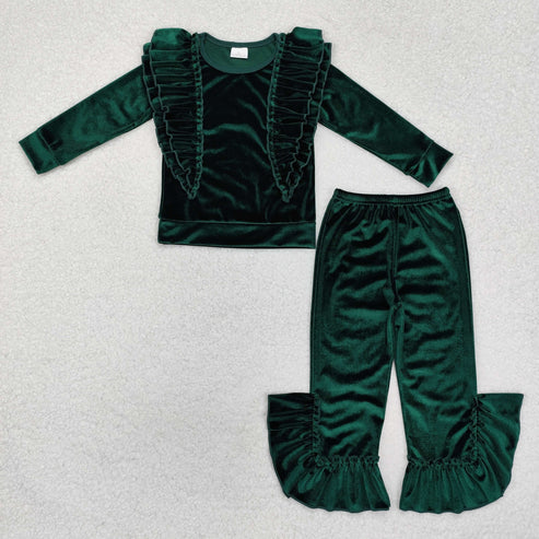 3.18 GLP2165 Baby Girls Green Ruffles Tee Shirts Top Velvet Bell Pants Clothes Set