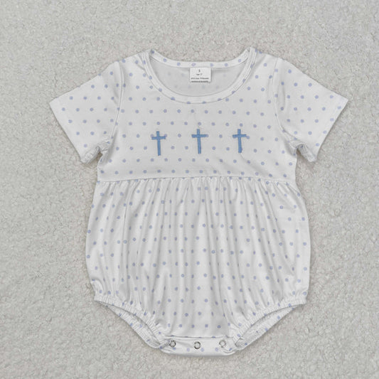 SR2147 Baby Infant Boys Blue Dots Cross Easter Romper