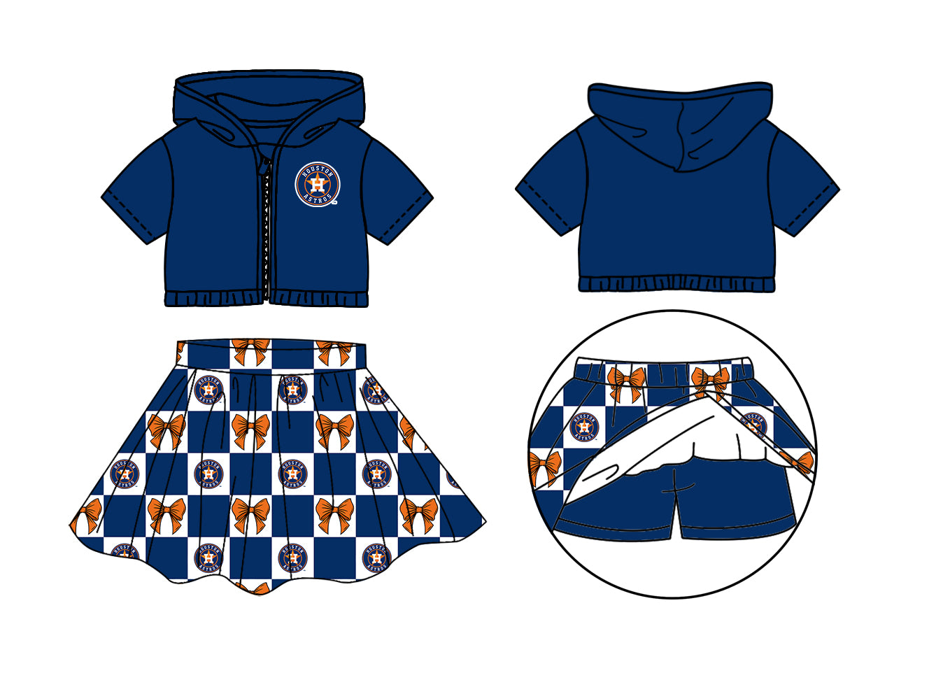 Custom Milk Silk Order MOQ:3 or 5 pcs Each Design Team State Girl Summer Bow Blue Zipper Hooded Short Sleeve Short Skirts Sets-26.1.21
