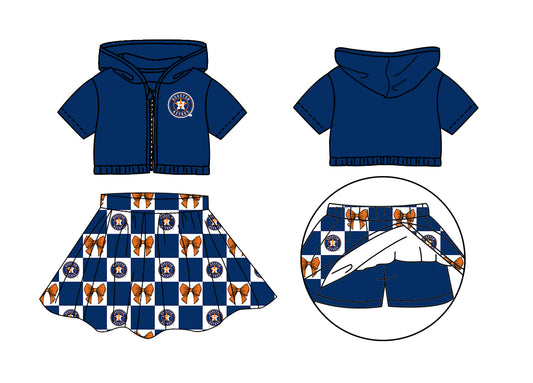 Custom Milk Silk Order MOQ:3 or 5 pcs Each Design Team State Girl Summer Bow Blue Zipper Hooded Short Sleeve Short Skirts Sets-26.1.21