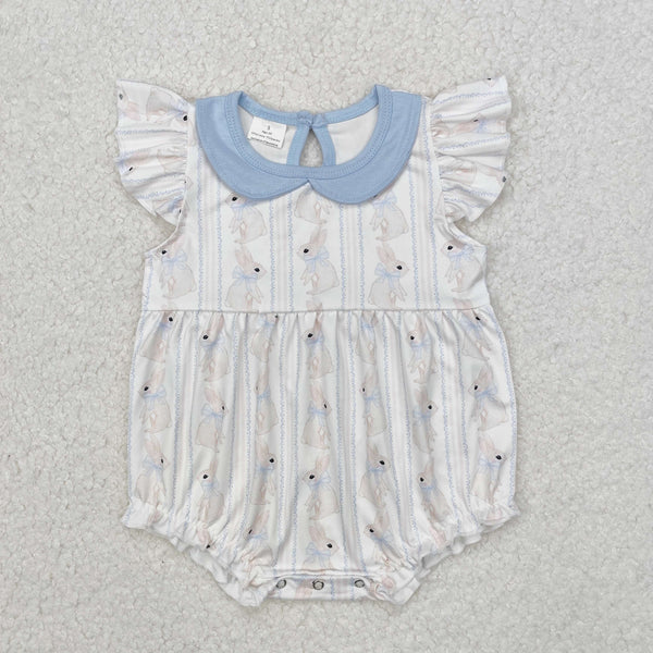 SR2132 Baby Infant Girls Easter Blue Rabbits Flutter Sleeve Romper