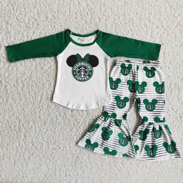 6 A1-29 Girl Green Bow Striped Bell Outfit