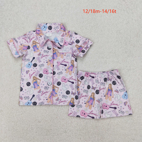 3.19 GSSO1773 Baby Girls Pink Singer Lover Buttons Shirts Shorts Pajamas Clothes Set