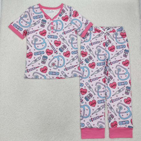 3.15 GSPO1861 Adult Women Valentines Heart Nurse Tops Pants Pajamas