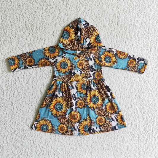 GT0028 Girl Sunflower Leopard Hooded Dress