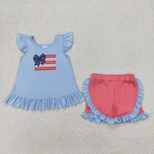 3.19 GSSO1822 Baby Girls Flags Bows Tunic Ruffle Shorts Clothes Set