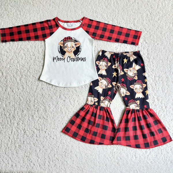 6 A7-11 Christmas Girls Cow Plaid Bell Outfits