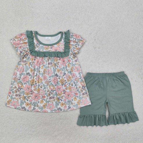GSSO1607 Baby Girls Floral Green Tunic Top Ruffle Shorts Clothes Set