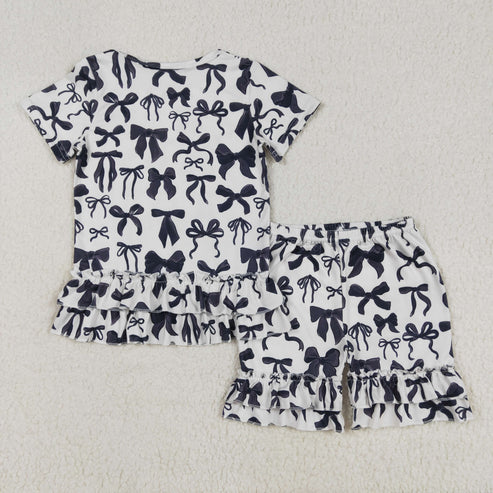 GSSO1852 Baby Girls Black Bows Shirts Ruffle Shorts Clothes Set