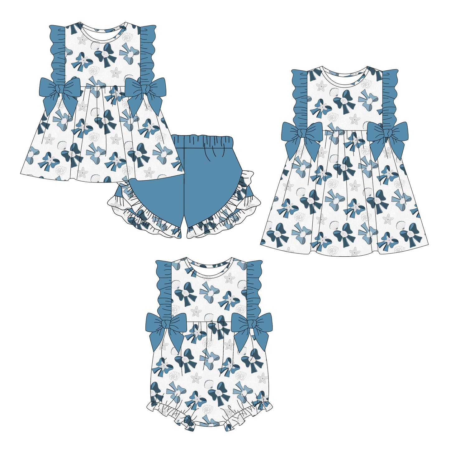 26.1.3 Custom MOQ:3 or 5 pcs each design milk silk Sibling baby girl clothes bow short sleeve shorts sets and dress and romper