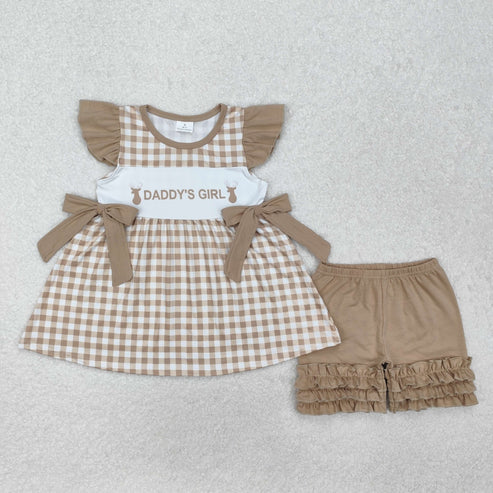 GSSO1644 Baby Girls Daddy's Girl Deers Checkered Tunic Ruffle Shorts Clothes Set