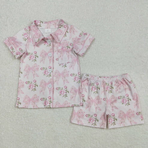 GSSO1780 Baby Girls Pink Bows Flowers Buttons Top Shorts Pajamas Clothes Set