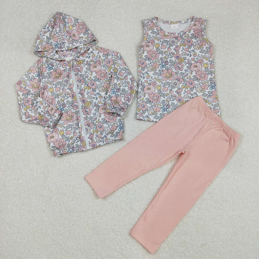 3.18 GT0914+GSPO1919 Baby Girls Spring Pink Flowers Hooded Zip Cardigan 3pcs Set