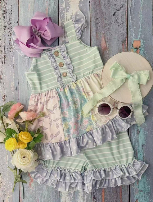 3.20 GSSO2366 Baby Girls Aqua Stripe Button Floral Patchwork Tunic Ruffle Short Clothes Set Preorder