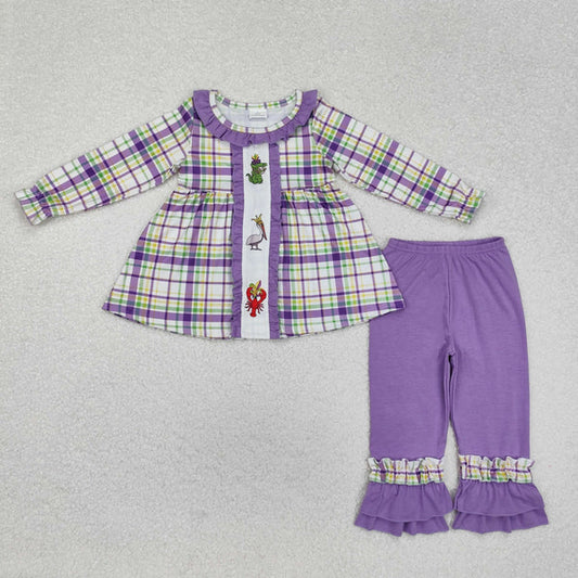 GLP2114 Baby Girls Checkered Crawfish Mardi Gras Tunic Ruffle Pants Clothes Set