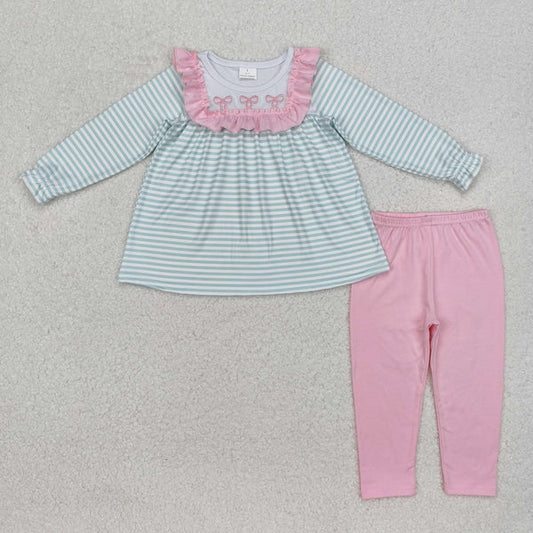 3.18 GLP2135 Baby Girls Blue Stripes Bows Tunic Legging Clothes Set