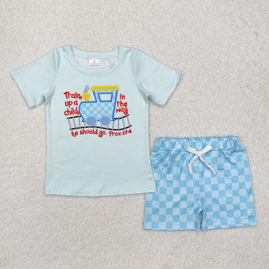 BSSO1128 Baby Boys Blue Checkered Shirt Shorts Clothes Set