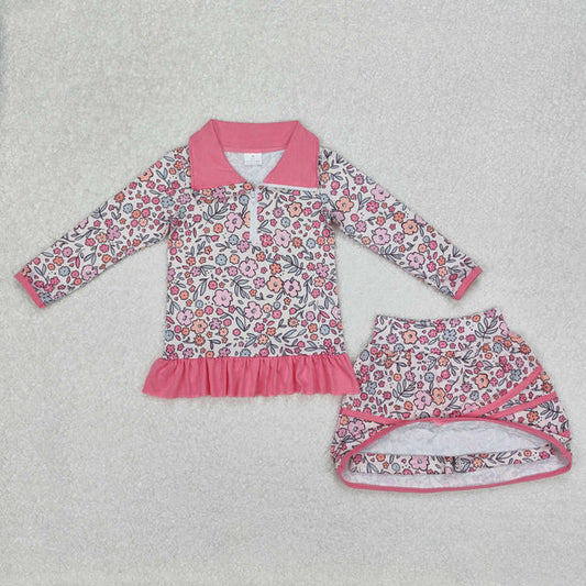 3.19 GLD1011 Baby Girls Bright Pink Flowers Zip Top Skirt Ruffle Skort Bottoms Set